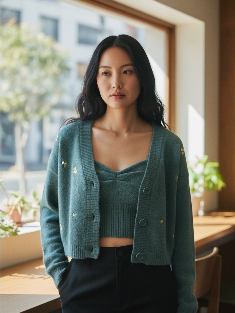 Teal Knit Cropped Cardigan & Tank Set - Women Sweaters
